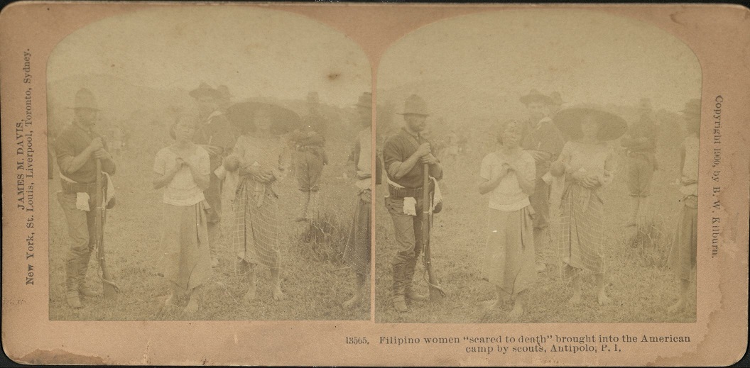 Filipino women “scared to death” brought into the American camp by scouts, Antipolo, P. I.